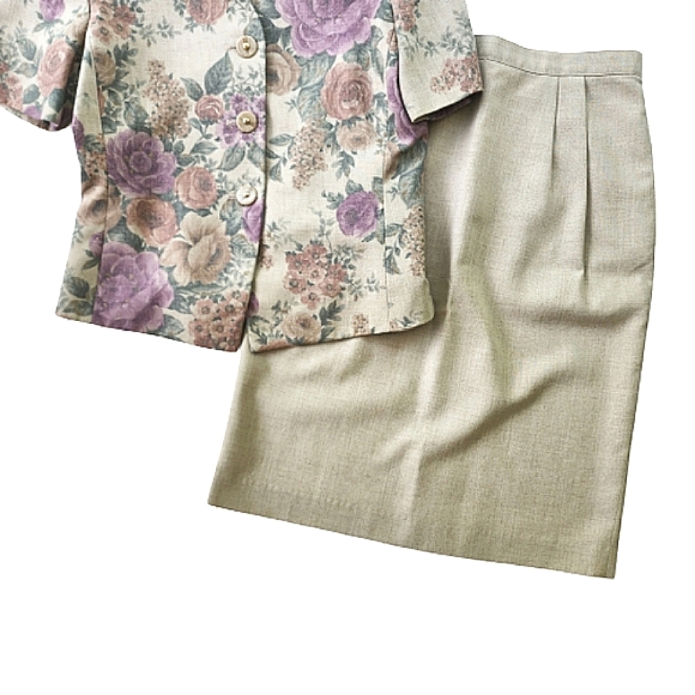 Womens 10P Vintage Kasper A.S.L. Modern Matriarch Floral Linen Skirt Suit Set